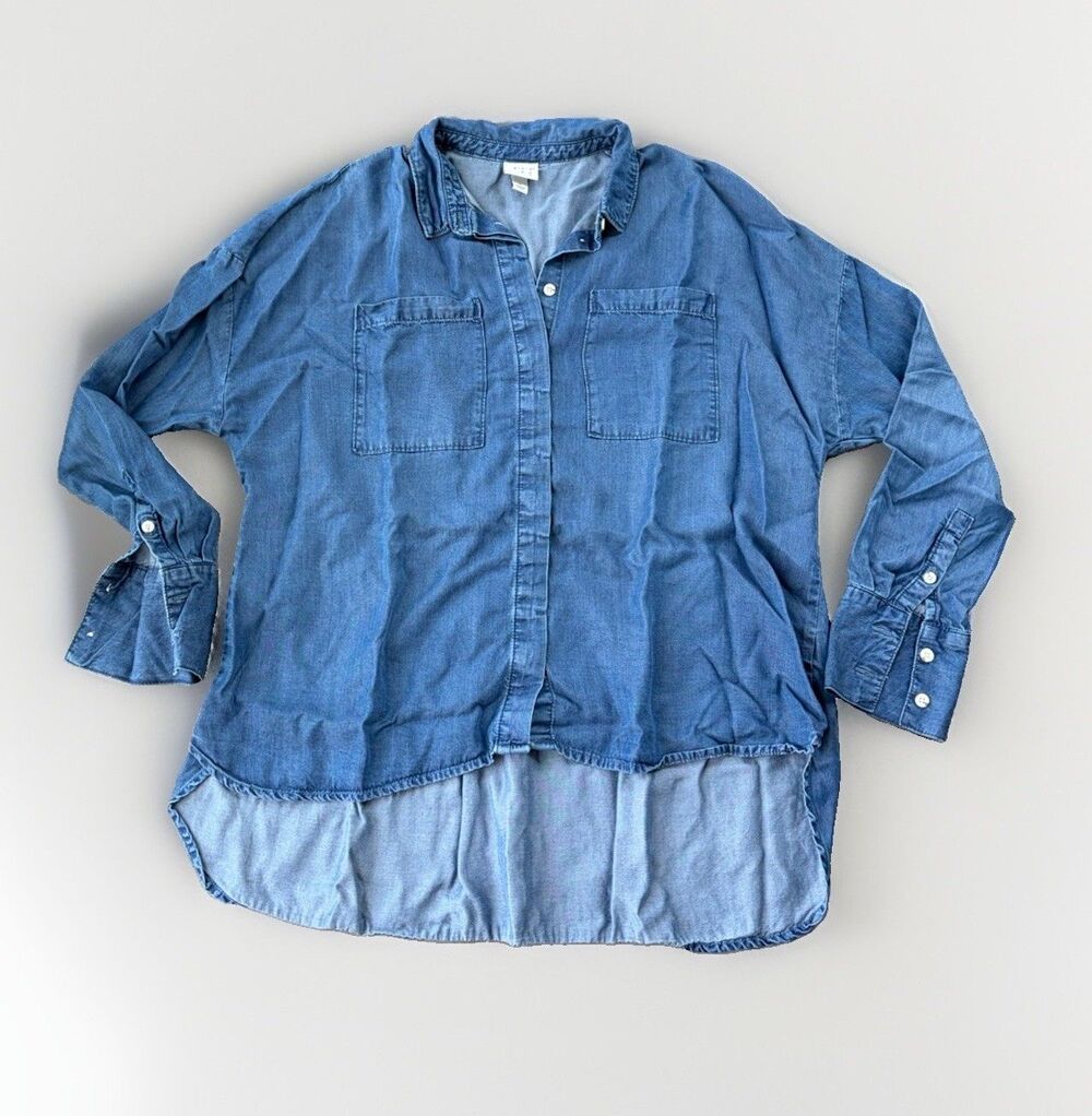 A New Day Blue Lyocell Button Up Shirt Size M Oversized Hi Lo